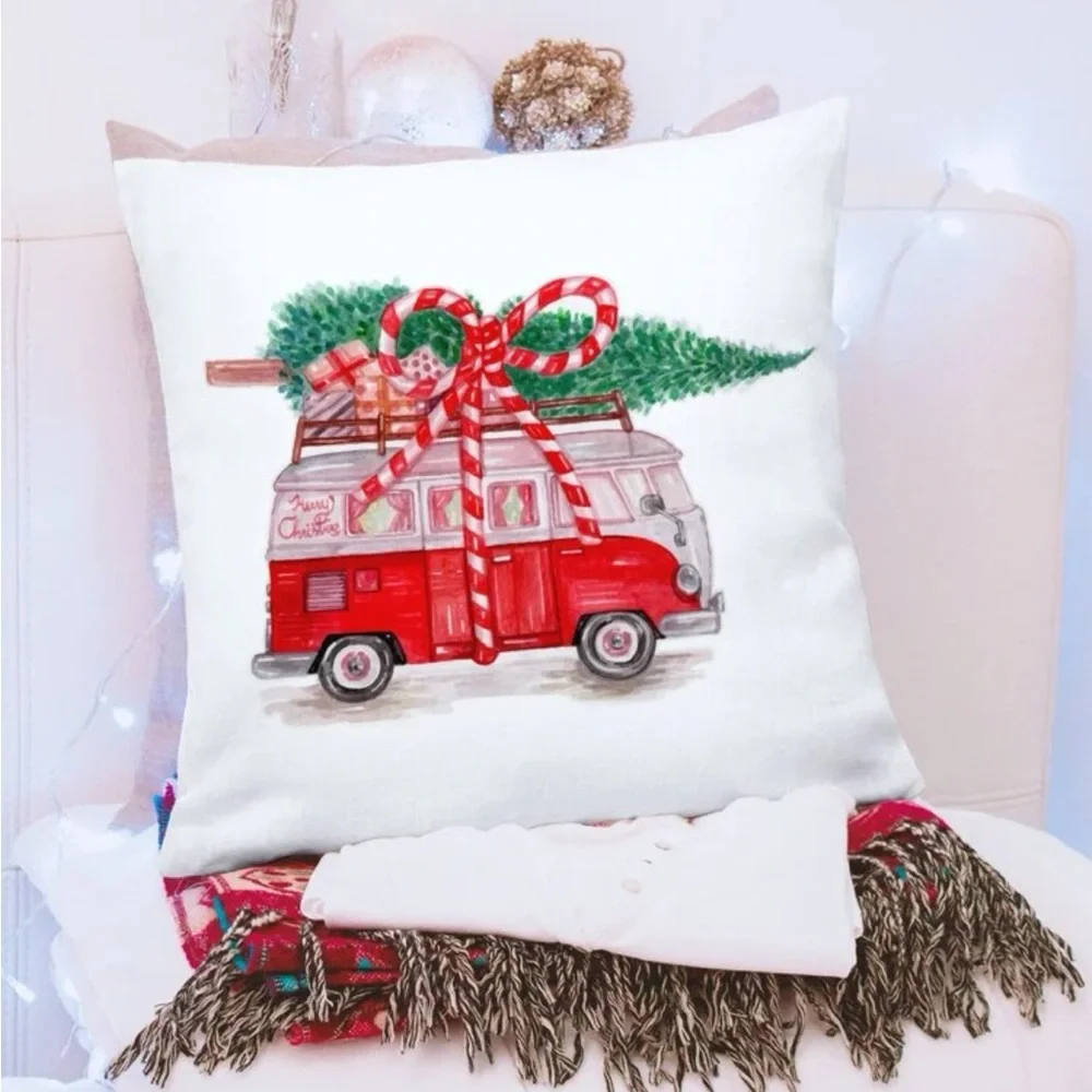 Luxury Home | Chic Christmas Vintage VW Van with Tree Holiday Throw Pillow Cover